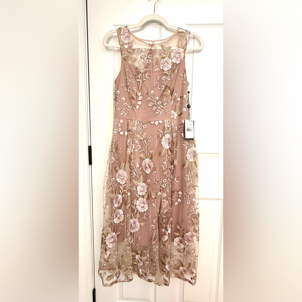 Adrianna Papell Midi Dress in Blush/Mauve/Taupe with Sheer Overlay.